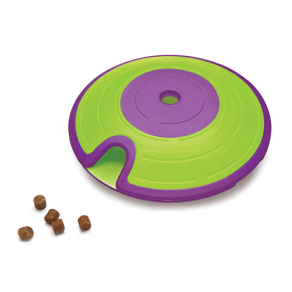 Green and purple outward hound wobble puzzle toy for dogs on a white background