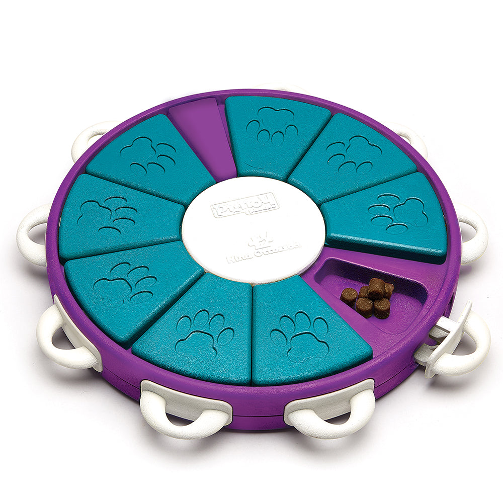 Round outward hound dog puzzle toy with multiple compartments on a white background