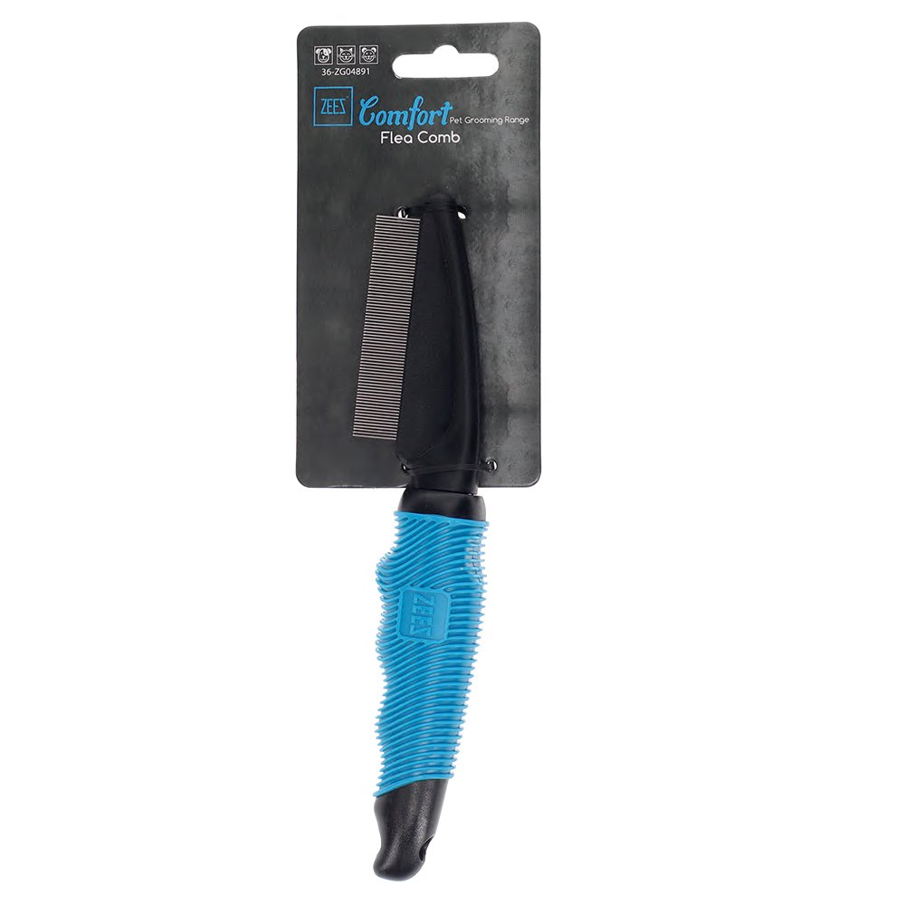 Blue Zeez pet grooming flea comb with blue handle with packaging on a white background