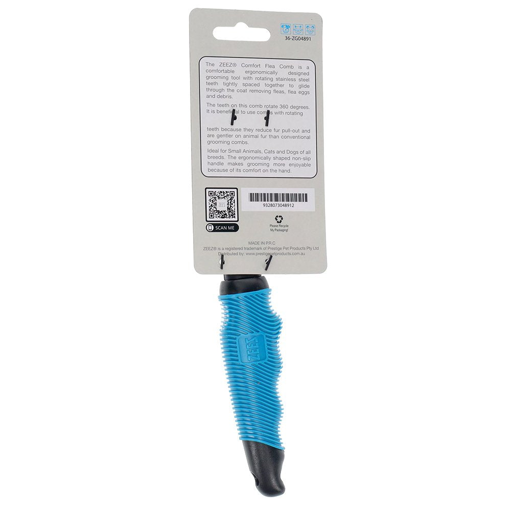 Blue Zeez pet grooming flea comb with blue handle with packaging on a white background