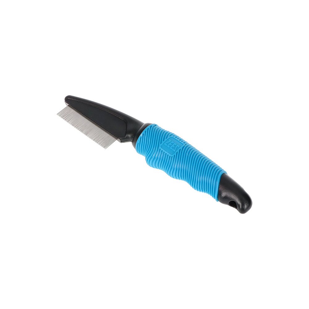 Blue Zeez pet grooming flea comb with blue handle on a white background