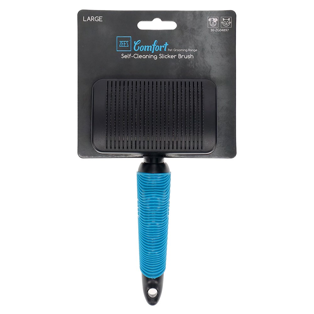 Large size of the Zeez pet grooming brush with blue handle on a white background