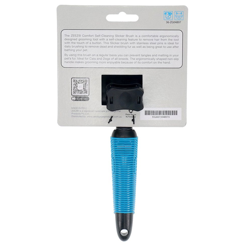 Back side of the Zeez pet grooming brush with blue handle and black bristles on a white background