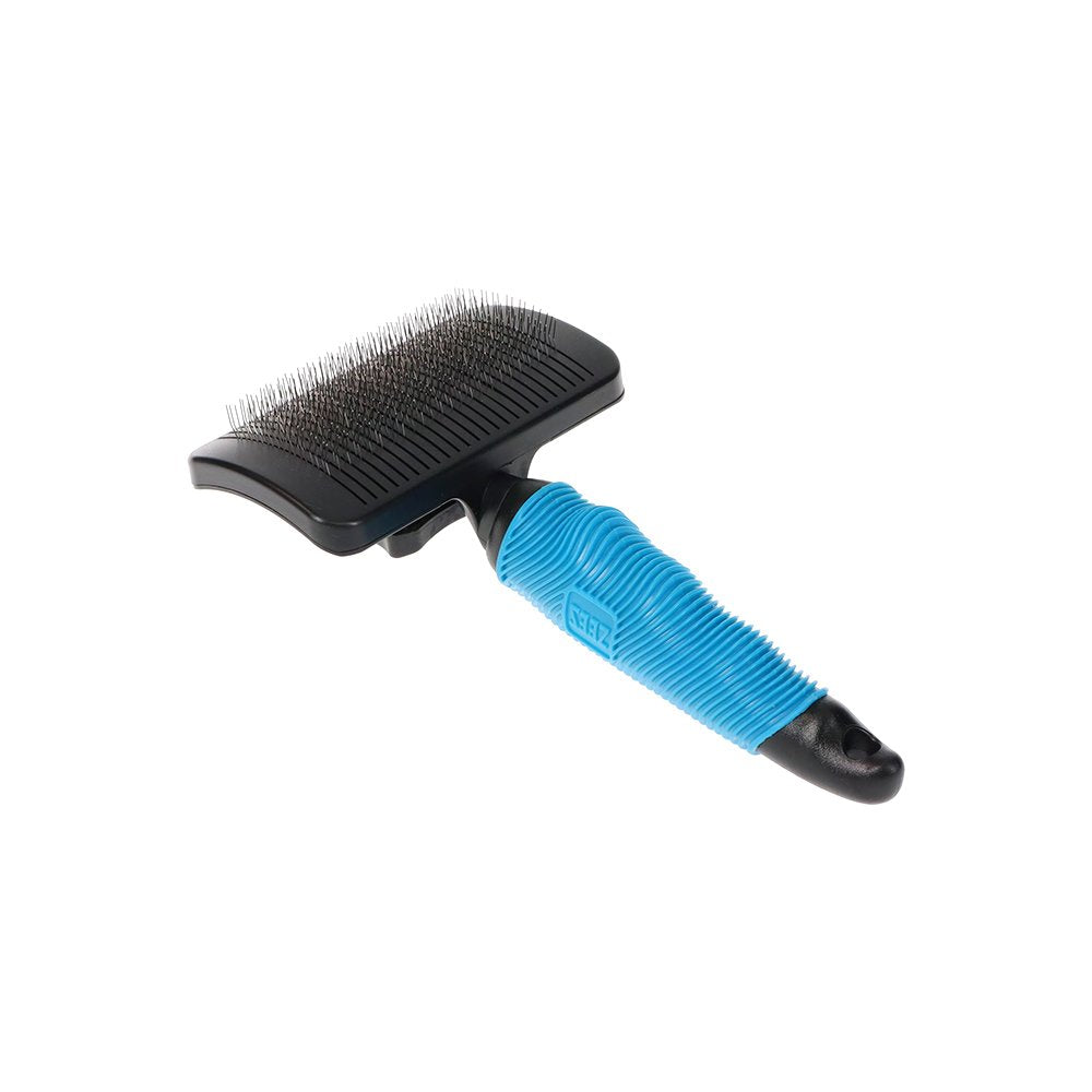 Zeez pet grooming brush with black bristles and blue handle on a white background
