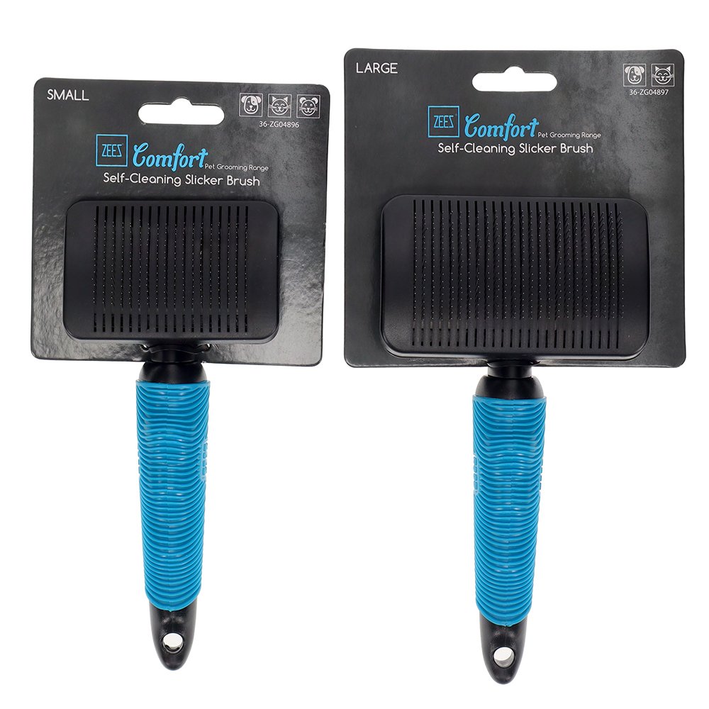 Two self-cleaning zeez slicker brushes, one small and one large, with blue handles on their packaging.