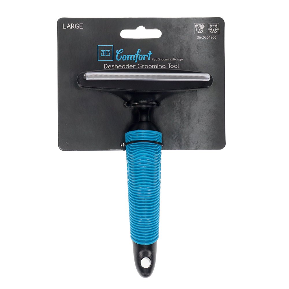 Deshedding grooming tool with blue handle on a black card, brand 'Zeez Comfort' visible.
