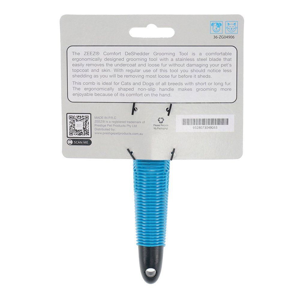 Zeez pet grooming tool with blue handle on a white background