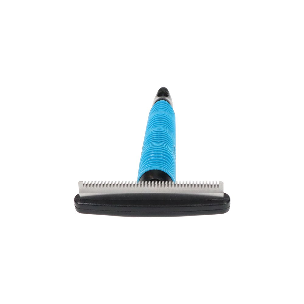 Zeez Pet grooming brush with blue handle and black bristle head on a white background