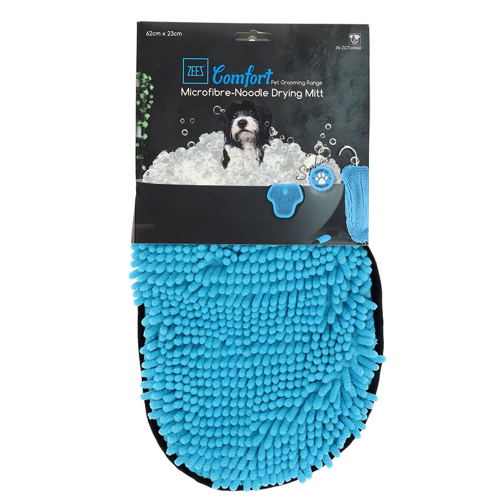 Blue microfibre-doodle drying mitt with ZEEZ branding on packaging