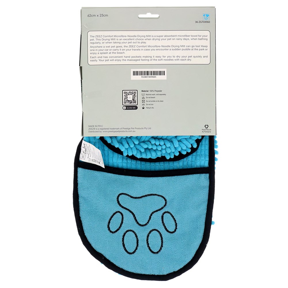 Blue Zeez pet drying microfibre towel with black paw design on a white background