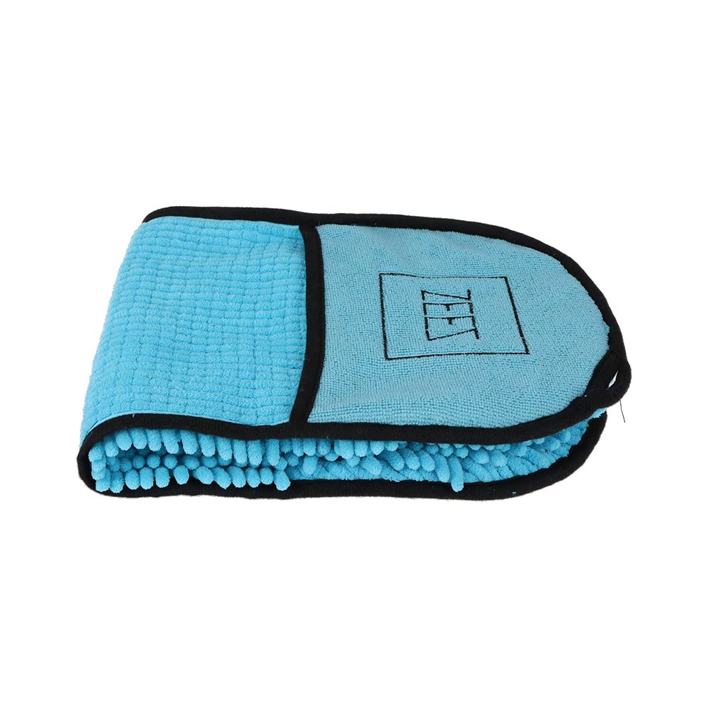 Blue Zeez microfiber pet drying towel with black border on a white background