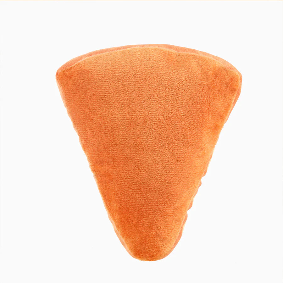 Back side of the hugsmart pizza shaped dog plush toy on a white background