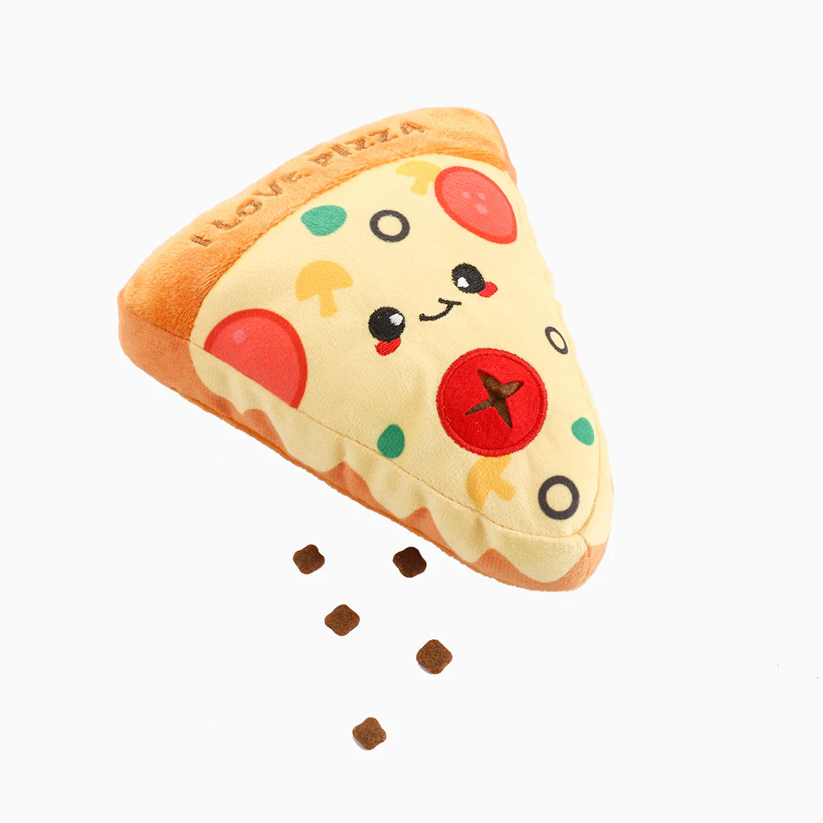 Hugsmart plush toy shaped like a pizza slice with a smiling cartoon face on a white background