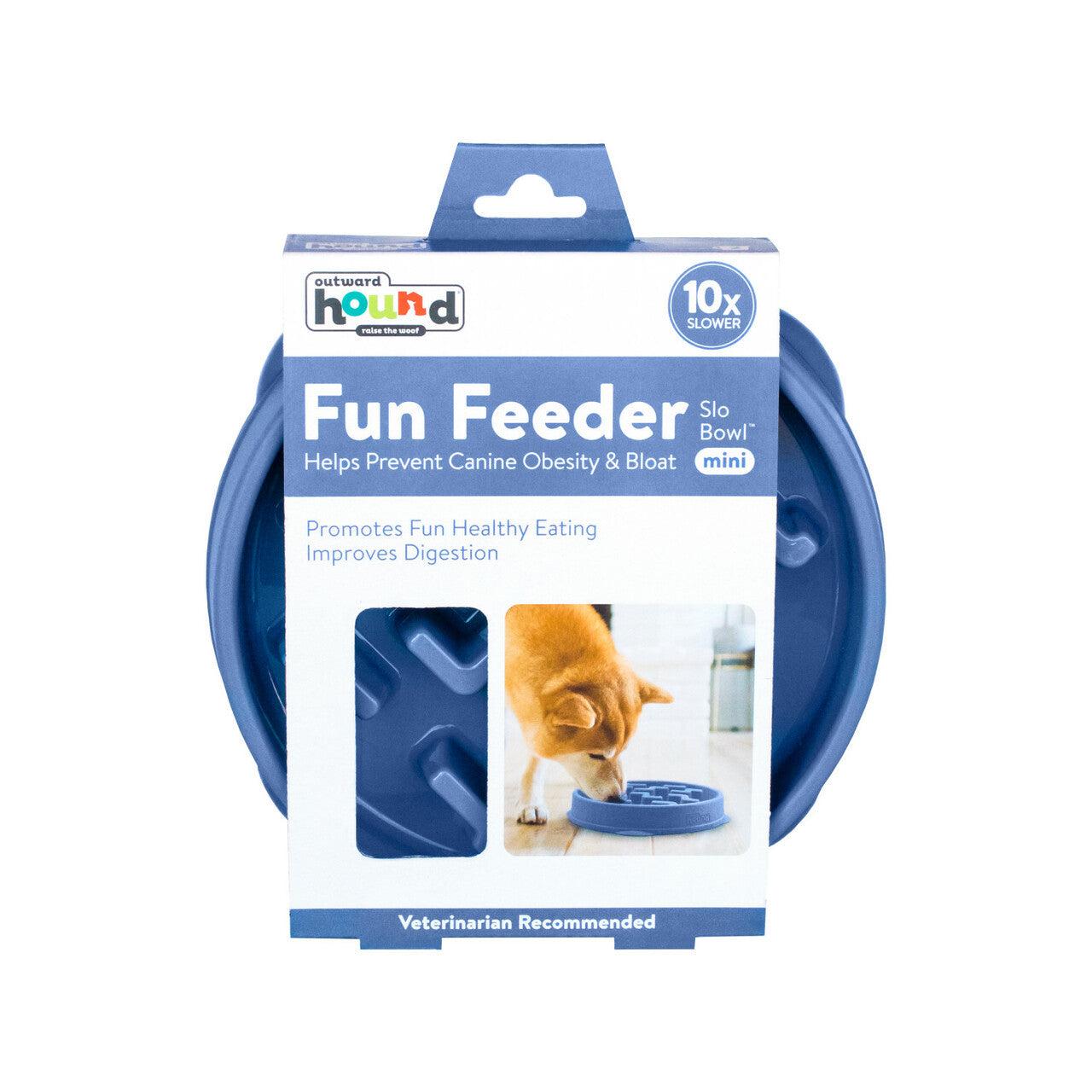 Package of Outward Hound Fun Feeder with blue bowl on a white background