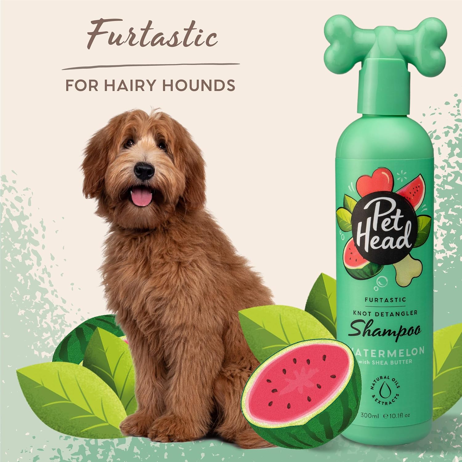 Pet Head Furtastic shampoo bottle with a dog and watermelon graphics on a light green background