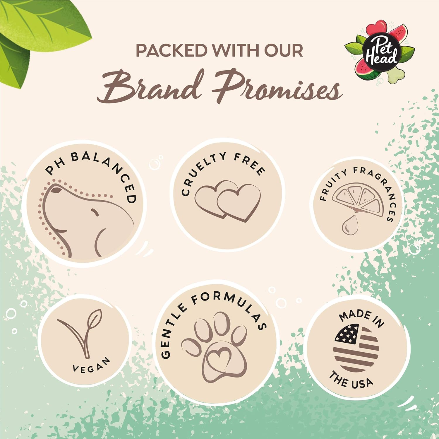Promotional graphic for the Pet Head brand with icons and text about brand promises on a light green background.