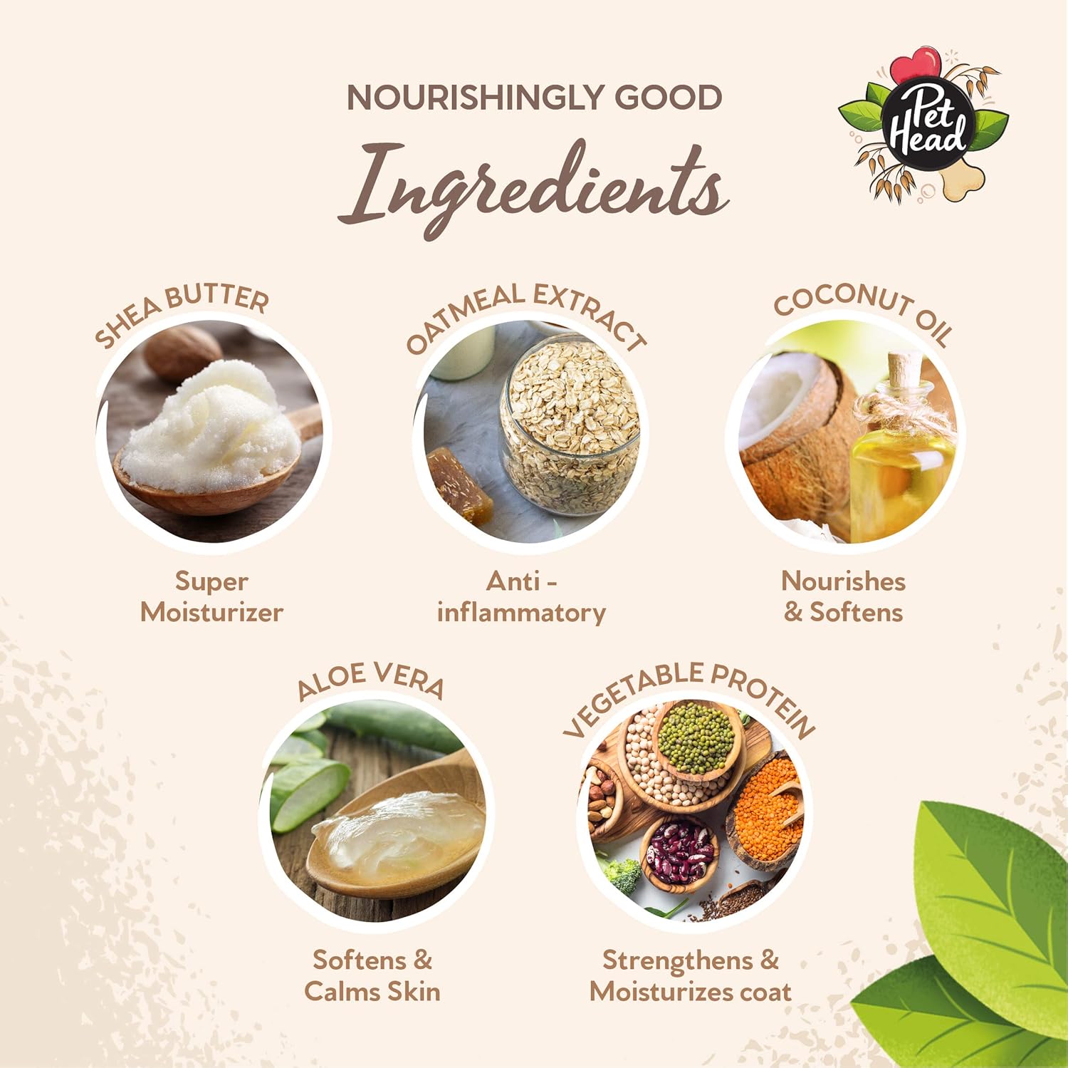 List of ingredients with corresponding benefits and Pet Head brand logo.