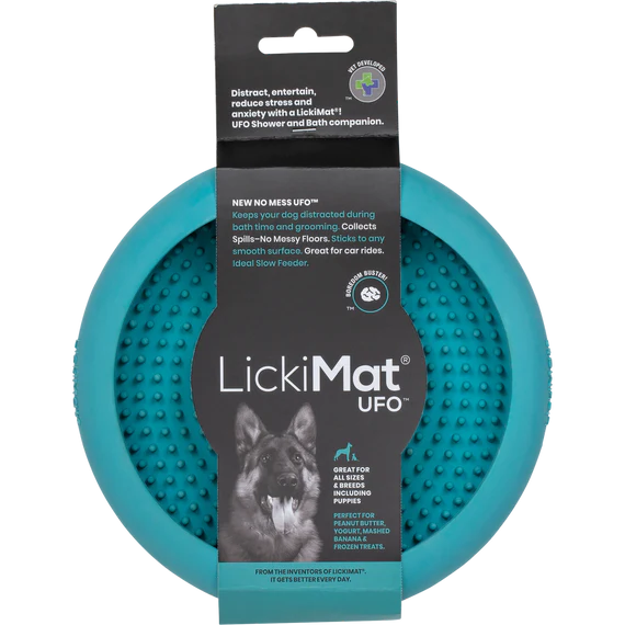 Teal LickiMat UFO with packaging on a white background