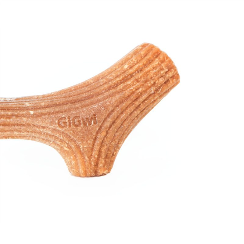 Zoomed in close up view of the GiGwi wooden antler dog chew toy outside of its packaging on a white background