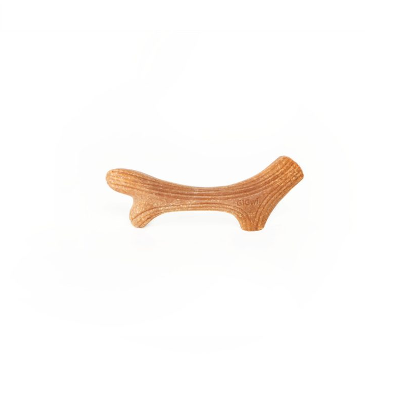 GiGwi wooden antler dog chew toy outside of its packaging sitting horizontally on a white background