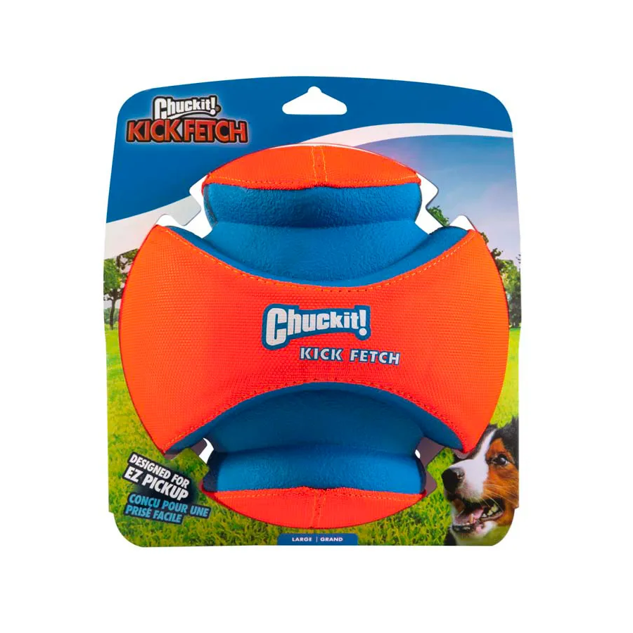 Chuckit! Kick Fetch dog toy packaging with orange and blue design on a white background