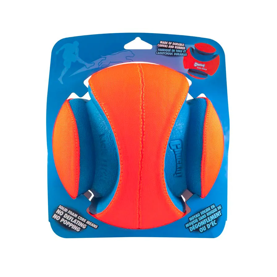 Orange and blue Chuckit! dog toy in packaging on a white background