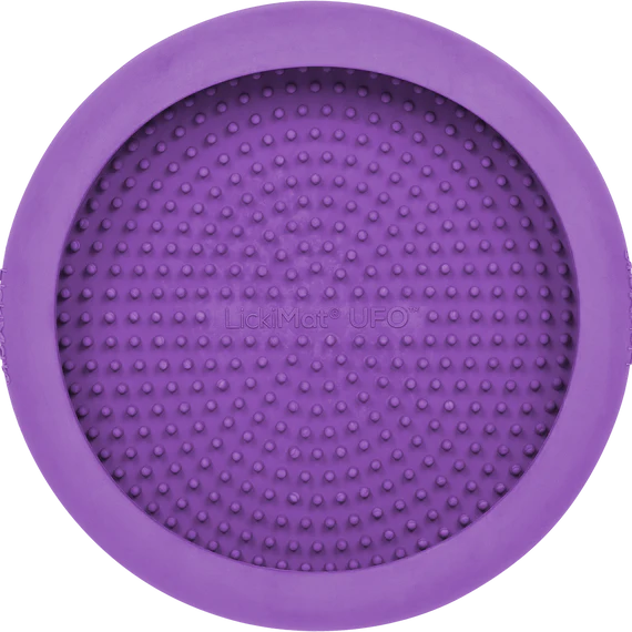 Purple circular dog lickimat with textured surface on a white background
