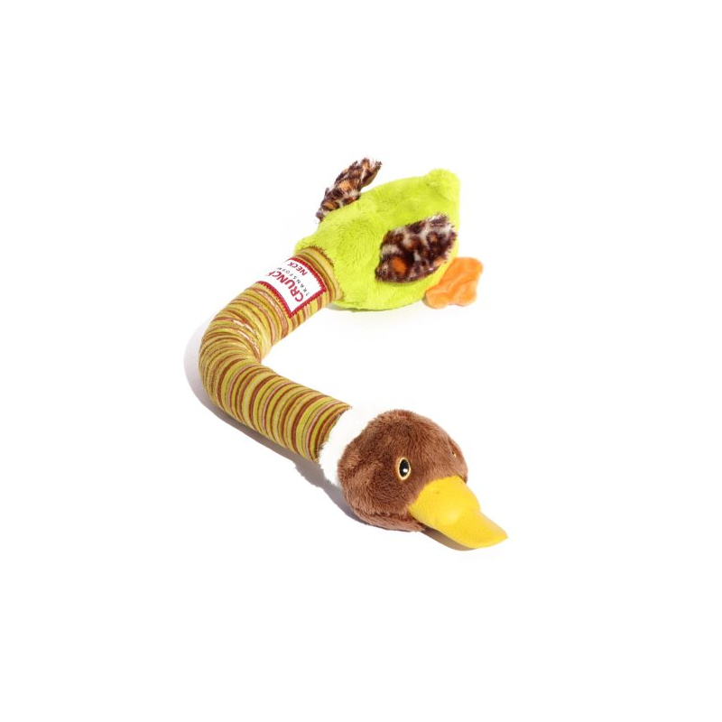 GiGwi plush dog toy shaped like a duck with a long stripy neck and green body laying down on a white background