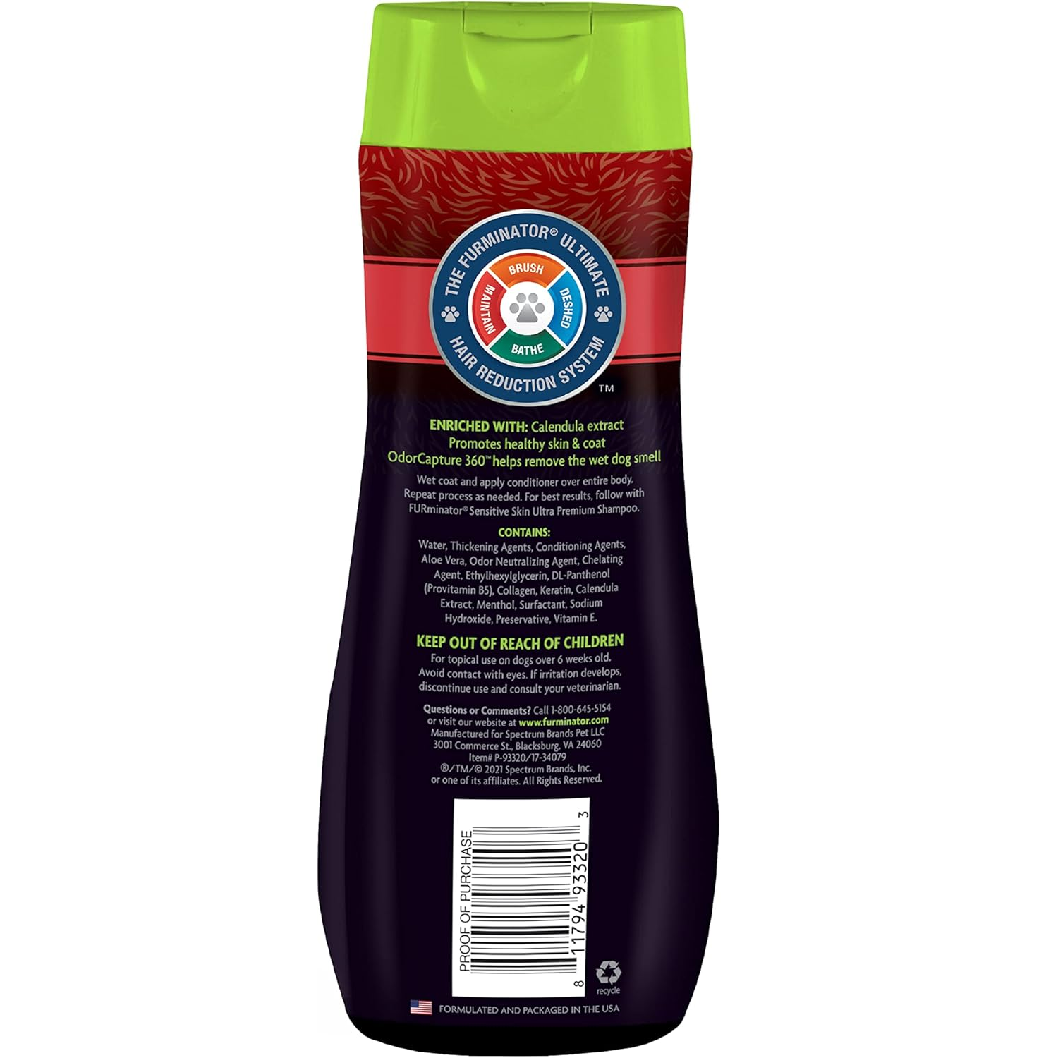 Back view of a furminator shampoo bottle with a visible label and text on a white background