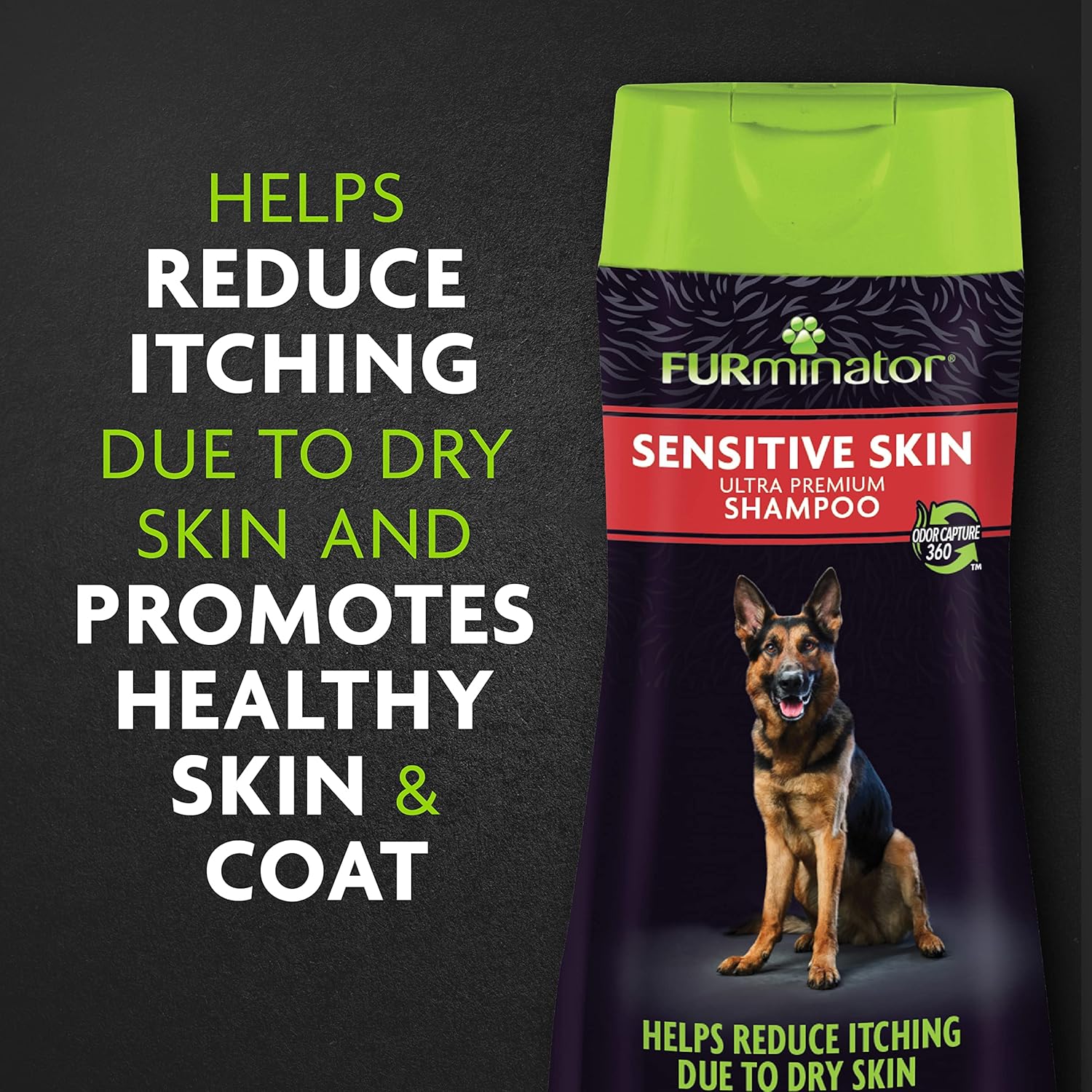 Furminator Sensitive Skin Shampoo packaging with text on a dark background