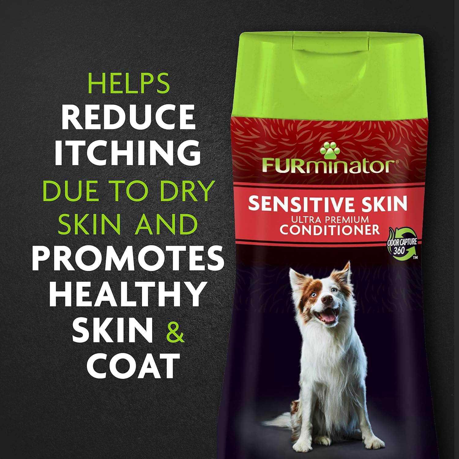 Furminator sensitive skin conditioner packaging with promotional text on a dark background