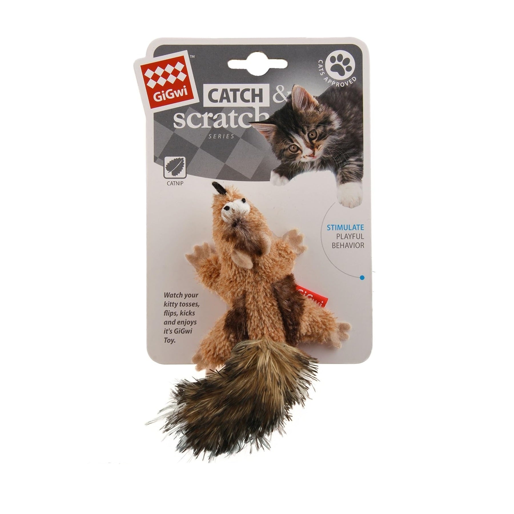 Chipmunk cat toy with packaging featuring a cat and the GiGwi brand on a white background