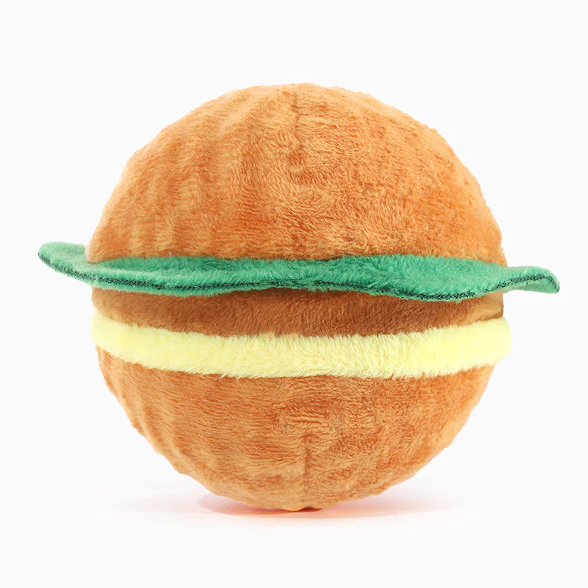 Backside view of the Hugsmart plush toy shaped like a hamburger with a white background