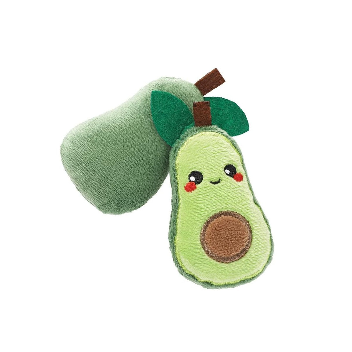 Green hugsmart avocado pet plush toy with a smiling face on a white background with another avocado behind it facing away from the camera