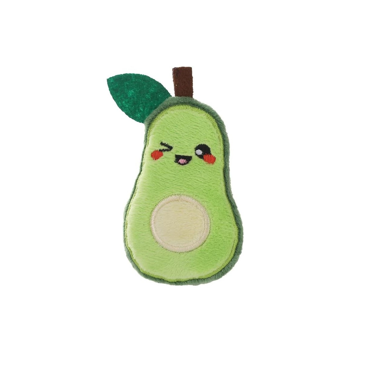 Green hugsmart avocado pet plush toy winking with one eye while smiling