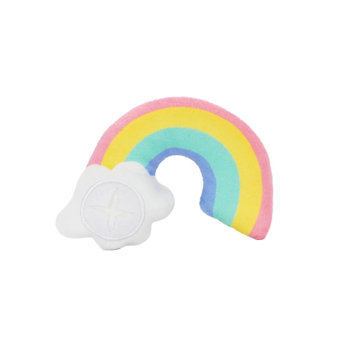 Hugsmart rainbow plush toy with a cloud attached to the end of the rainbow on a white background