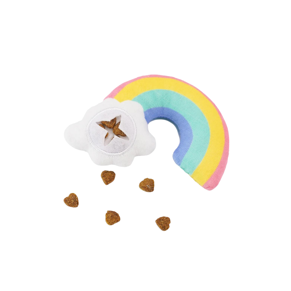Hugsmart rainbow plush toy with kibble sized treats inside a cloud attached to the end of the rainbow on a white background