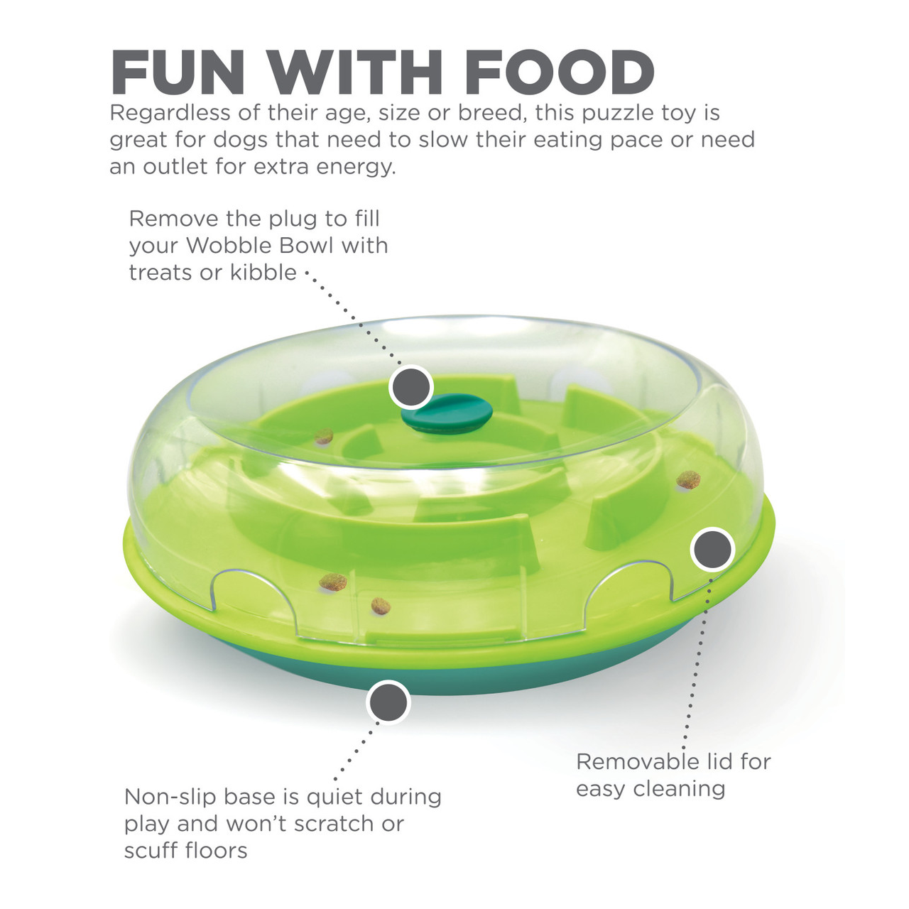 Green and clear puzzle toy for dogs with text describing its features on a white background.