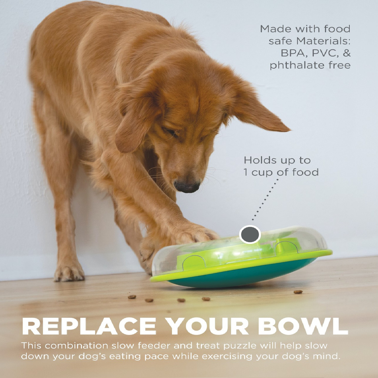 Dog interacting with a green and blue slow feeder and treat puzzle on a wooden surface.