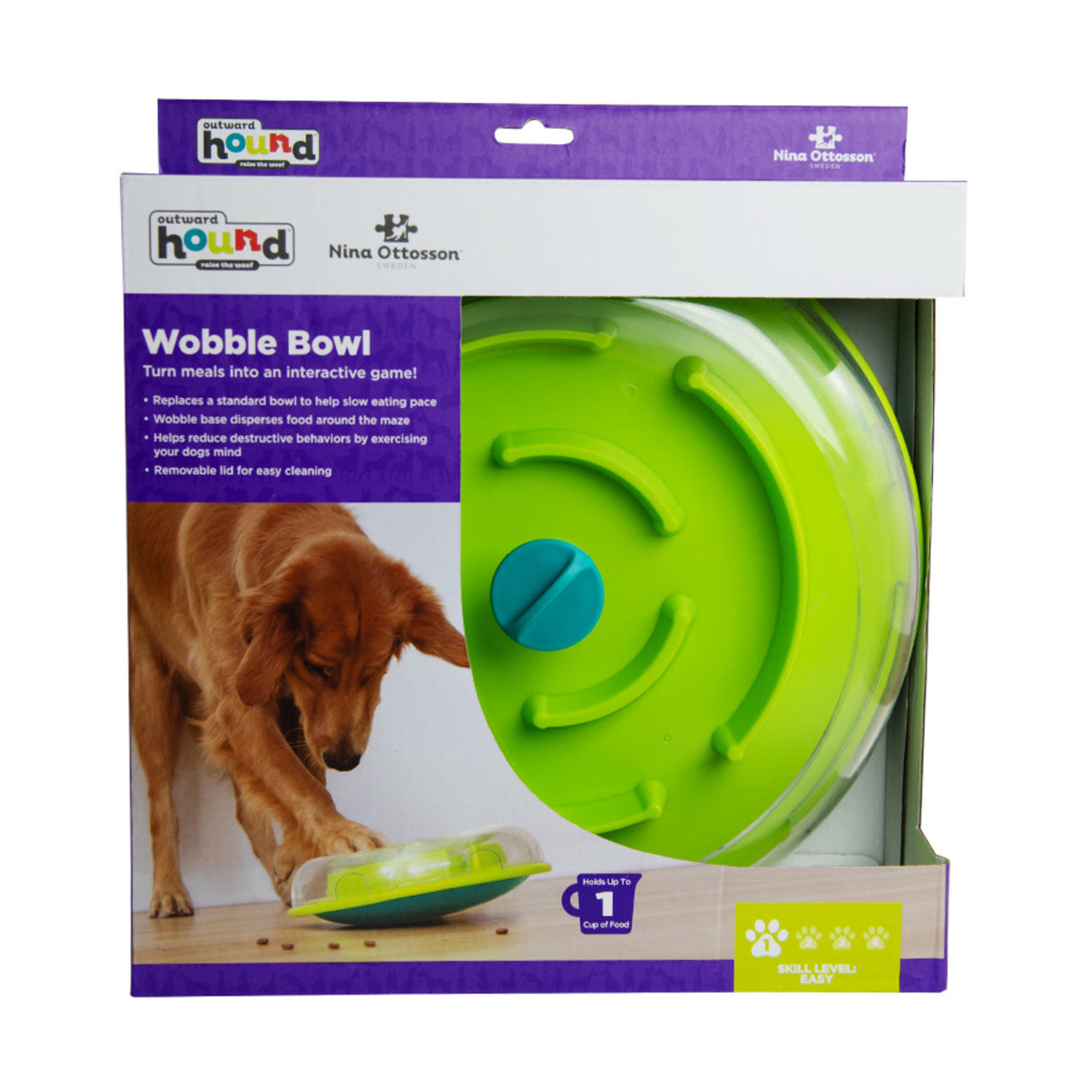 Green wobble puzzle bowl for dogs in packaging with a purple label