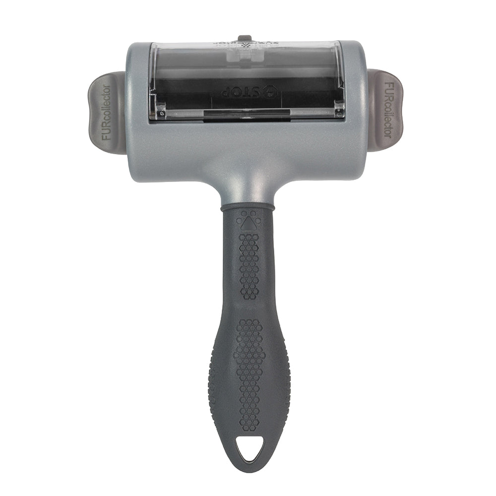 Gray Furminator pet hair removal brush with a textured handle on a white background