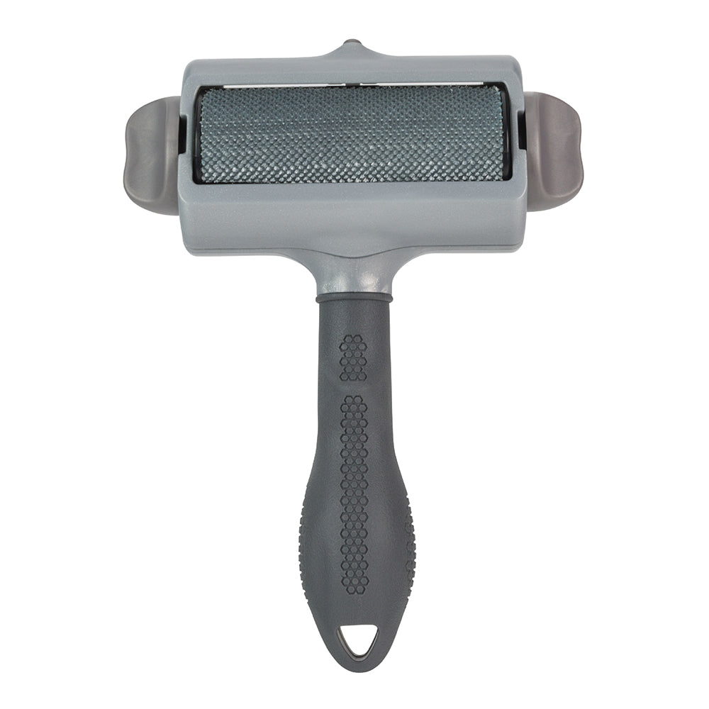 Grey Furminator pet hair removal brush with textured roller on a white background