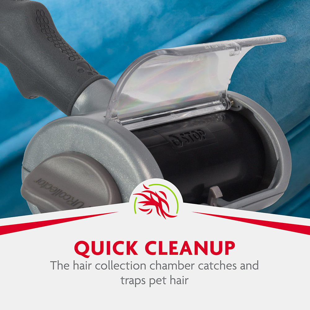 Furminator pet fur cleaning tool with hair collection chamber on a blue background