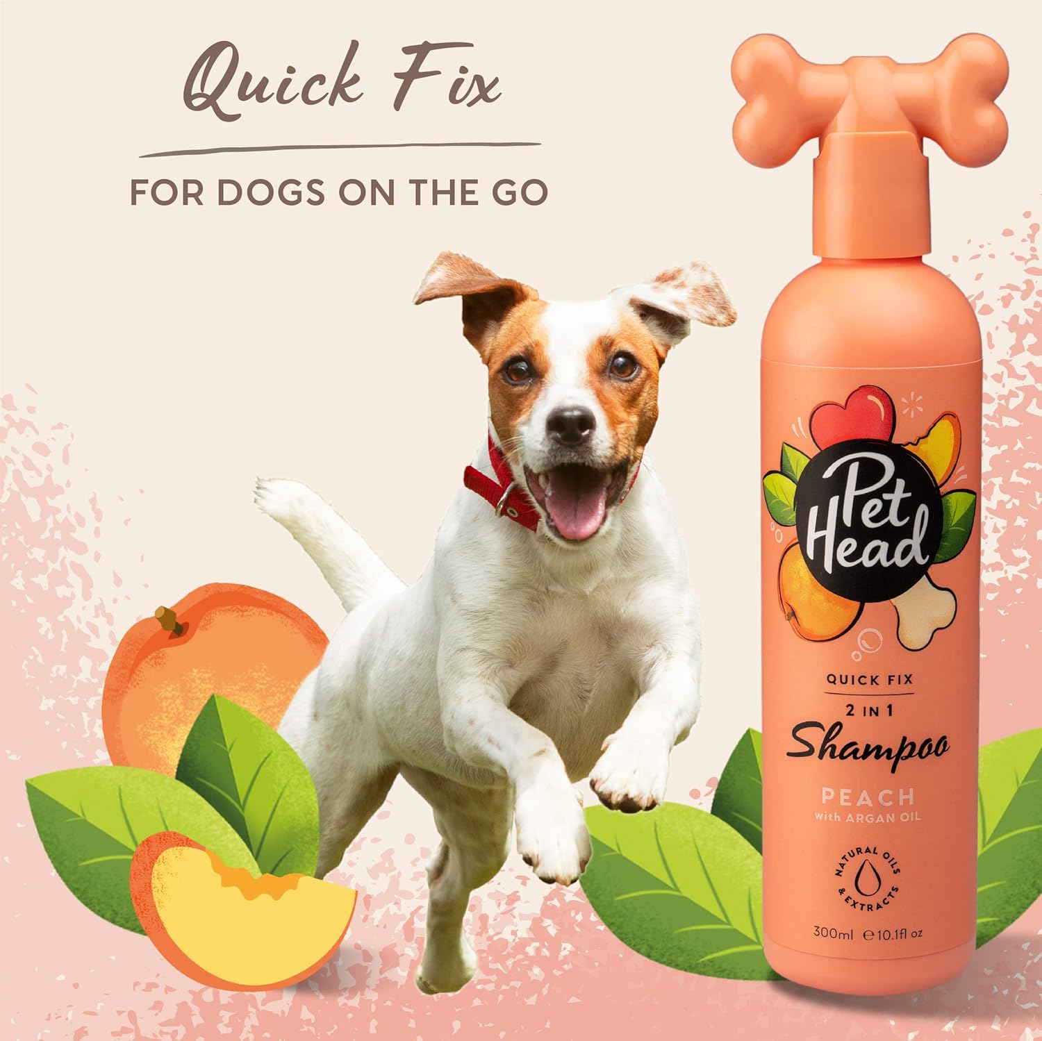 Pet Head 2-in-1 Shampoo bottle with a dog and peach slices on a pink background