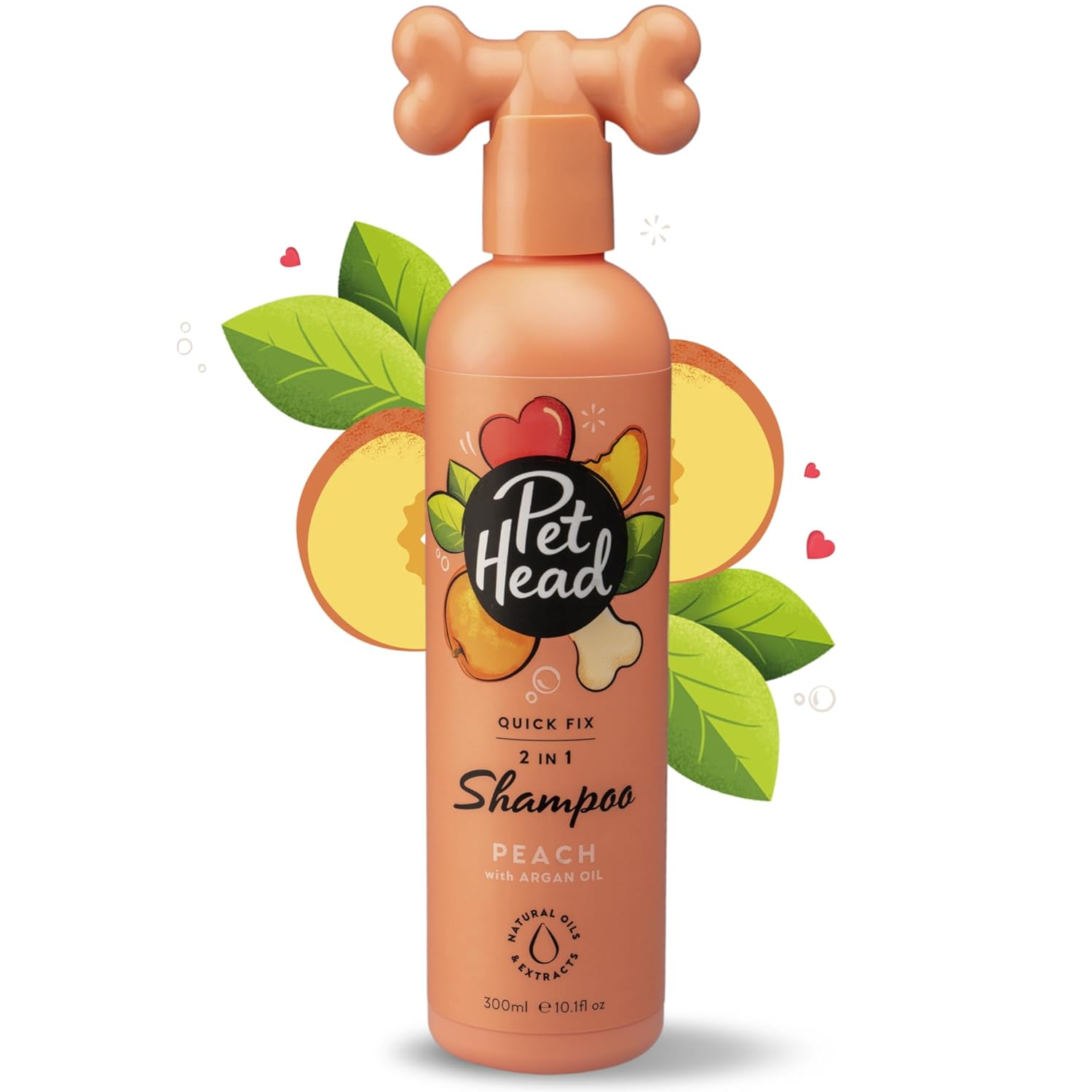 Pet Head 2-in-1 Shampoo bottle with peach scent on a white background