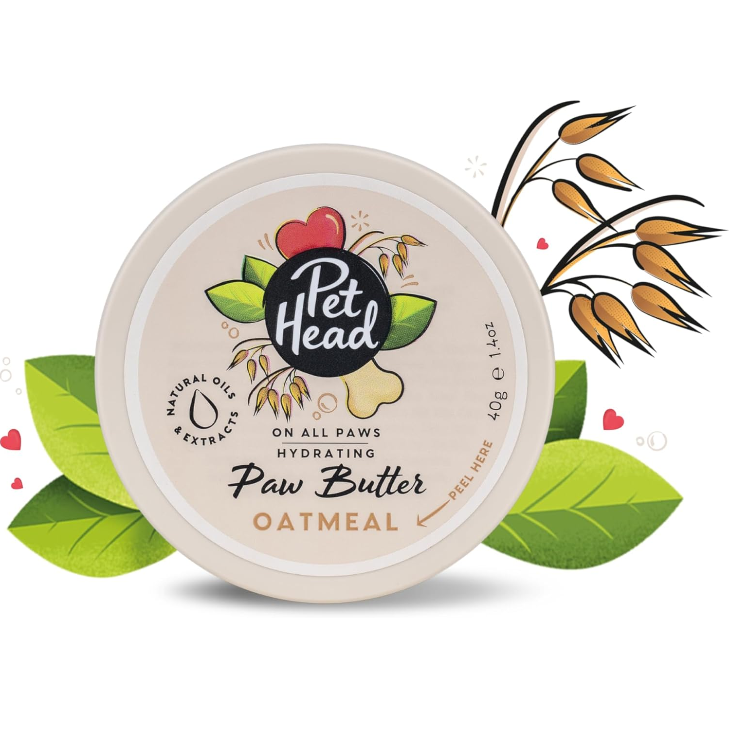 Pet Head Oatmeal Paw Butter container with branding and product details on a white background