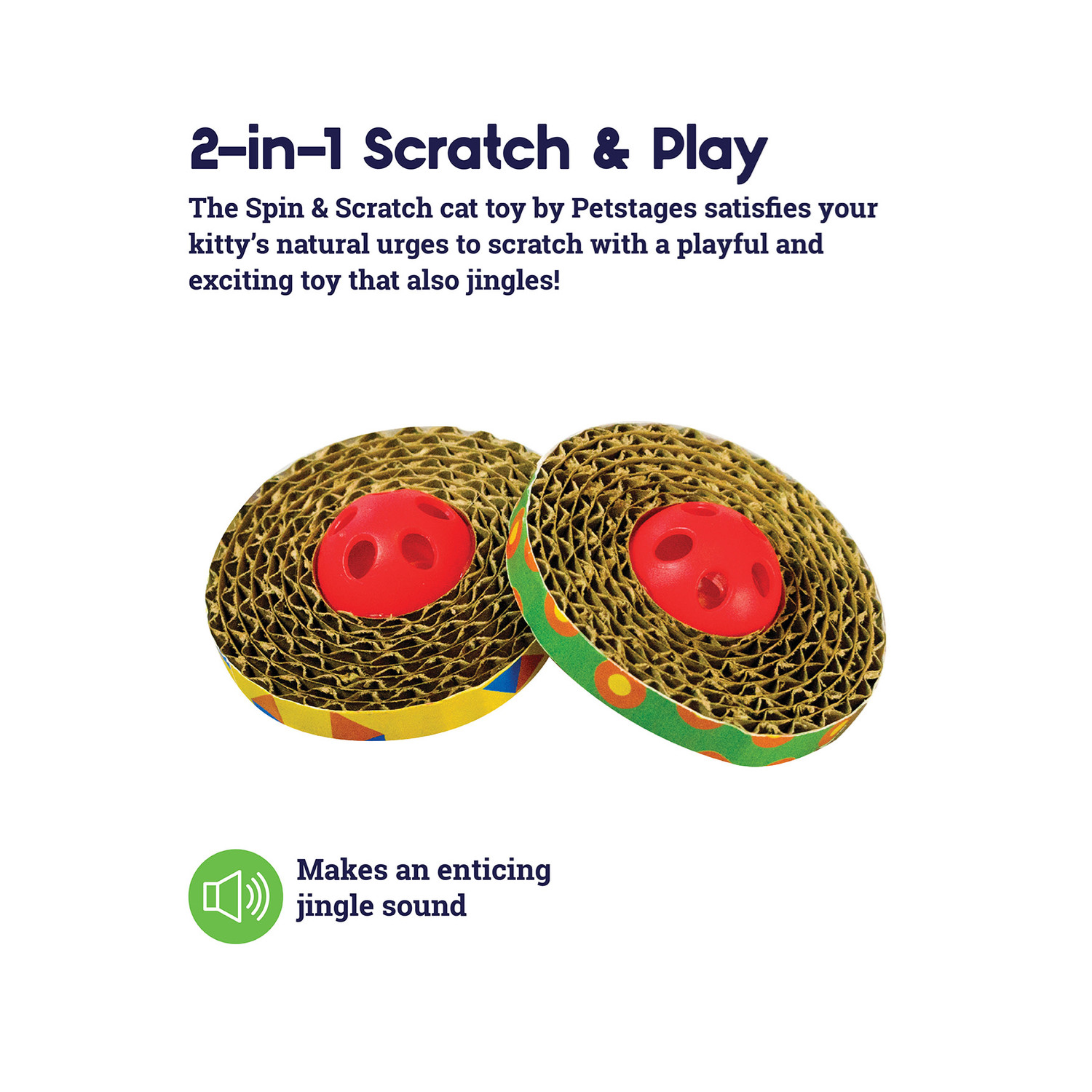 Two cat scratch and play toys with red centers on a white background, featuring text about the product.
