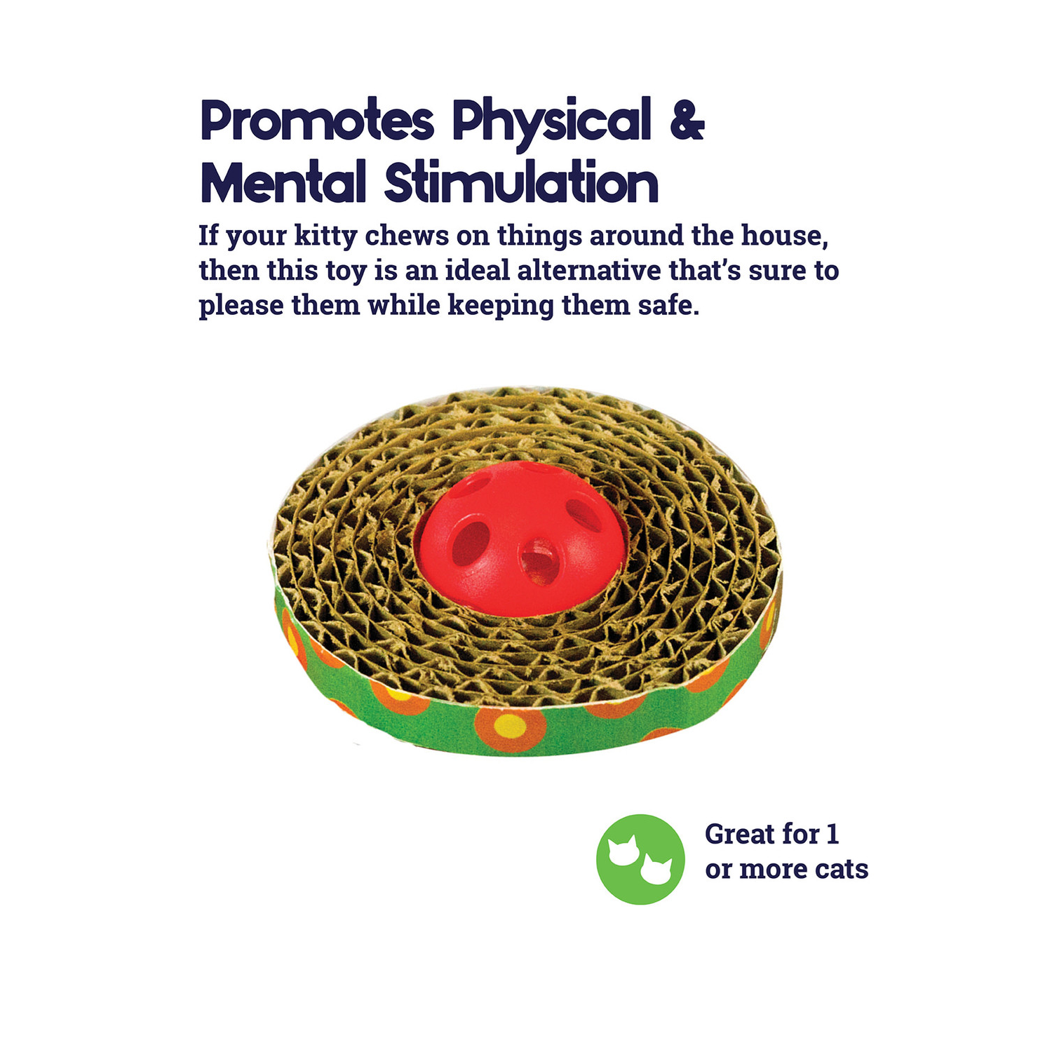 Cat toy with red center on a white background, promoting physical and mental stimulation.