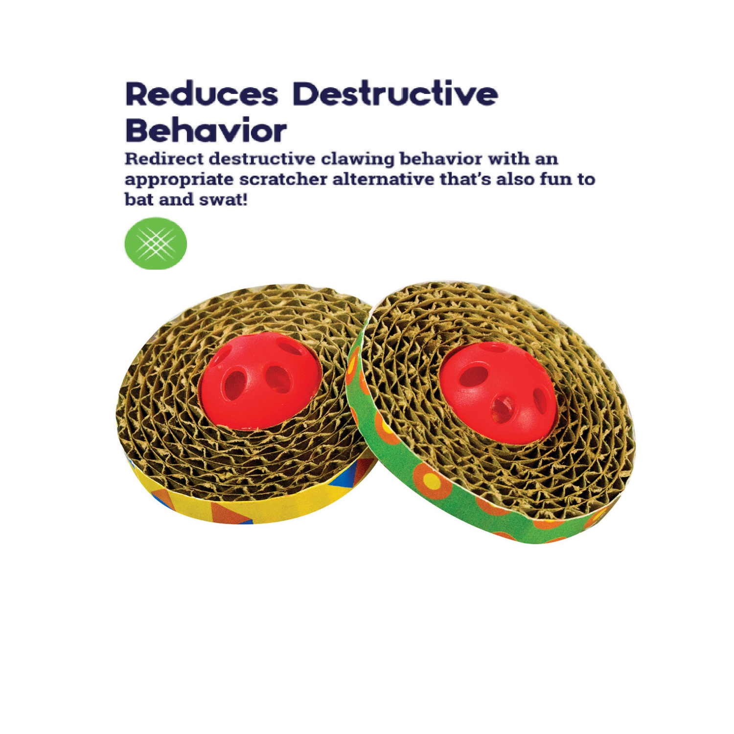Two cat scratchers with red centers on a white background, labeled to reduce destructive behavior.