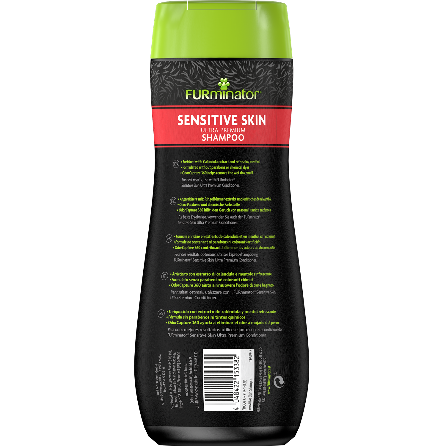 Back view of the Furminator sensitive skin shampoo bottle with green cap on a white background